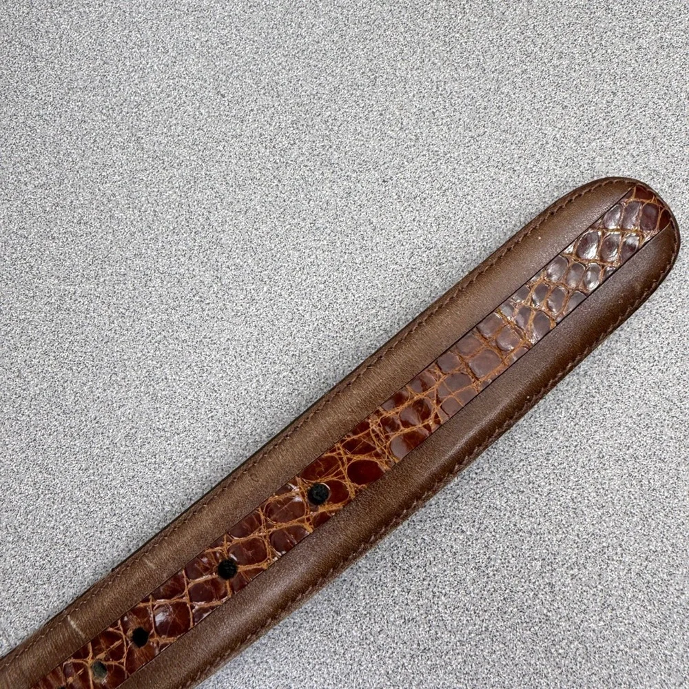 Maeni Parma Belt Mens Brown Leather Croc Exotic Inlay Gold Tone Buckle Italy *